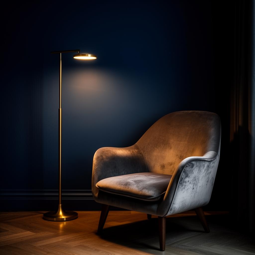A velvet armchair beside a brass floor lamp in a softly lit lounge, evoking the Search Studio concierge experience