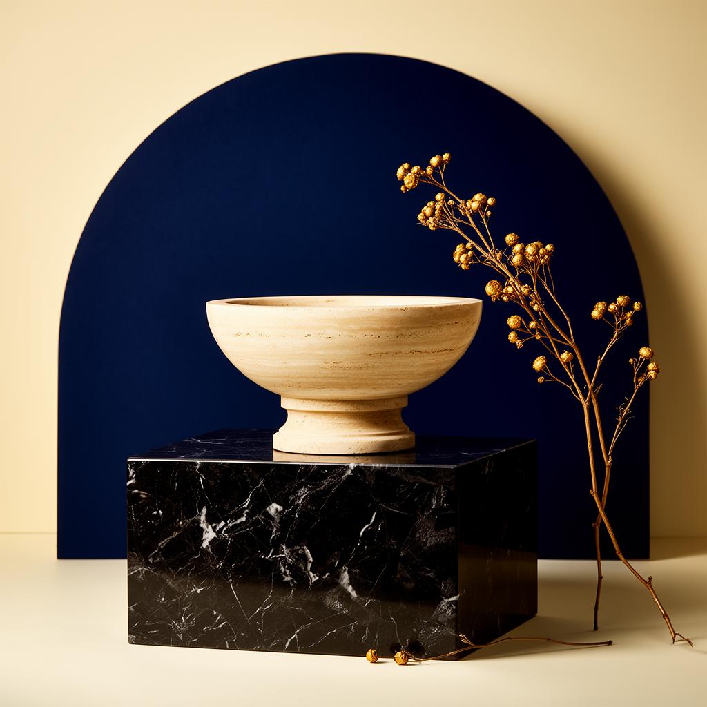 Sculptural travertine bowl on black marble against a navy arch, the Search Studio still life
